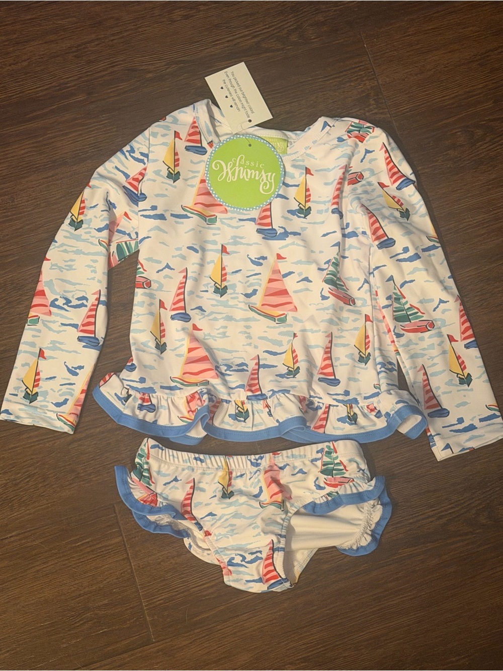 Girls' White Sailboat Rashguard Set with Blue Trim